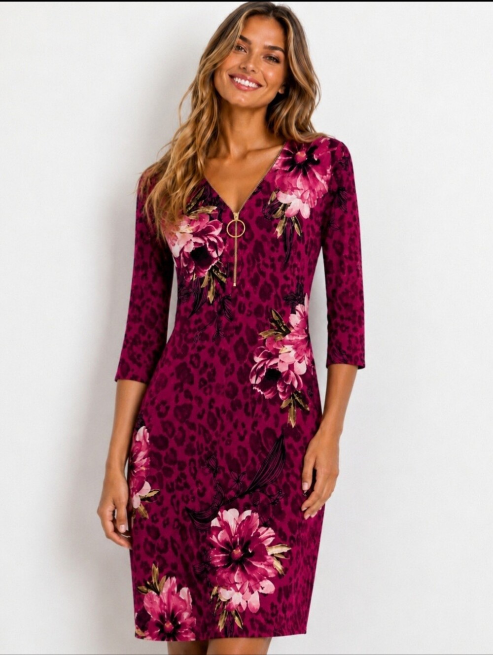 JM Collection Magenta Floral V-Neck Long Sleeve Dress (Large)